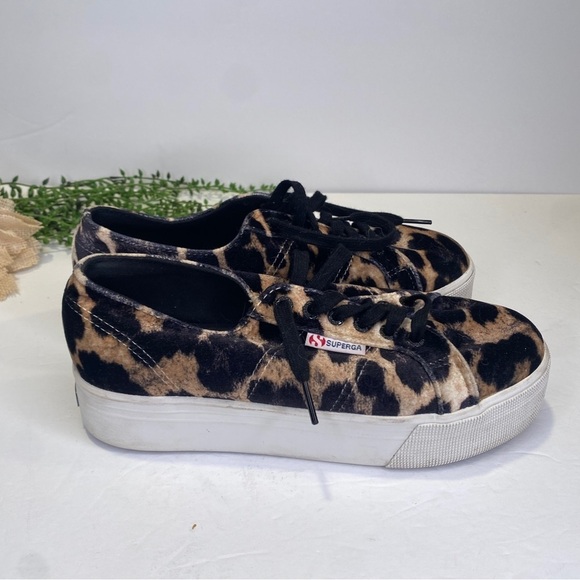 Superga Leopard Cheetah Fanvelvet Platform Sneakers Size 8.5 Black Tan - Picture 5 of 10